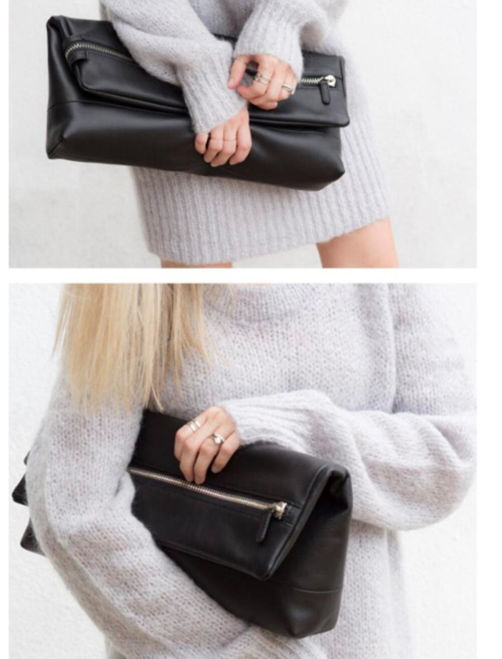 Aritzia Black Fold-Over Leather Clutch with Exterior Zipper